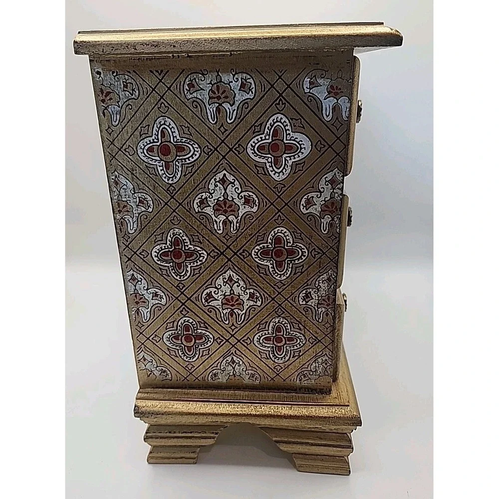 VTG 3 Drawer Musical Red & Gold Gilt Footed Jelery Box